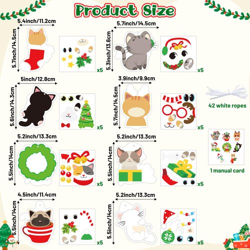 BeYumi Christmas Cat Craft Kit - 123Pcs Christmas Cat Craft Kit DIY Hanging Ornament Make Your Own Cute Kitten Decoration Set Xmas Tree Decor Holiday Party Favor Home Classroom Art Supplies for Kids