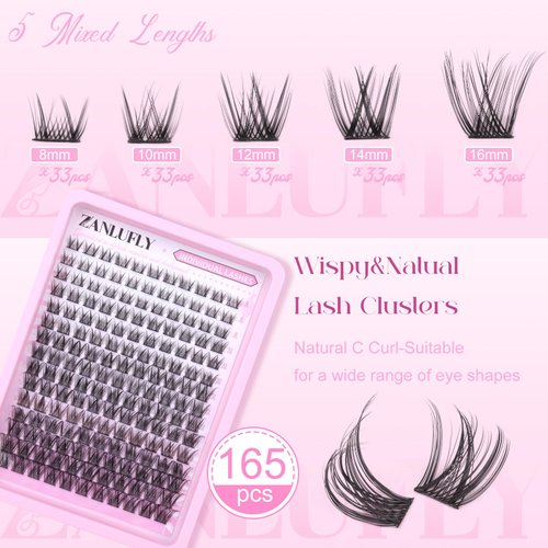 Lash Clusters Wispy Eyelash Clusters Natural C Curl DIY Lash Extension zanlufly 180Pcs Thin Band Individual Lashes Eyelash Extensions (8-16MM)