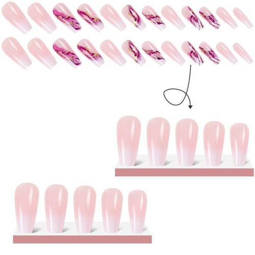 Coffin Press on Nails Medium Fake Nails with Purple Marble Designs Acrylic Nails Press ons Glossy Glue on Nails Pink Translucent False Nails Artificial Stick on Nails for Women 24Pcs
