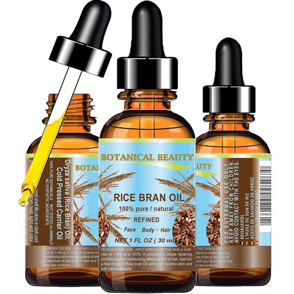 Botanical Beauty RICE BRAN OIL 100% Pure Natural Refined Undiluted Cold Pressed Carrier Oil for Face, Skin, Body, Hair, Massage, Nails. 1 Fl. oz - 30 ml