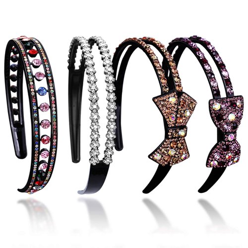 CORGIMHZ 4 Pack Rhinestone Headband with Teeth Comb for Women Girls Colorful Bling Bling Plastic Hair Band Hoop with Double Rows Crystal Hairbands Non-Slip 4 Pattern