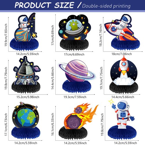 9 Pieces Outer Space Themed Honeycomb Centerpiece Outer Space Party Decorations Birthday Party Table Toppers Double Sided Table Decorations Planet Rocket Astronaut UFO Solar System Party Supplies