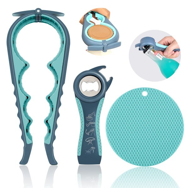 Jar Opener for Weak Hands, Seniors with Arthritis, 5 in 1 Multi Function Bottle Opener Lid Opener For Arthritic Hands with Non Slip Rubber Jar opener Gripper Pad(3-piece set, Blue)
