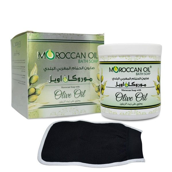 One Pack Moroccan Soap Beldi With Olive Oil & One Original Moroccan Hand Glove Bathing Natural For Body Scrub & Skin (Soap : 8.45 oz / 250 ml) صابون الحمام المغربي البلدى بزيت الزيتون مع ليفة مغربية