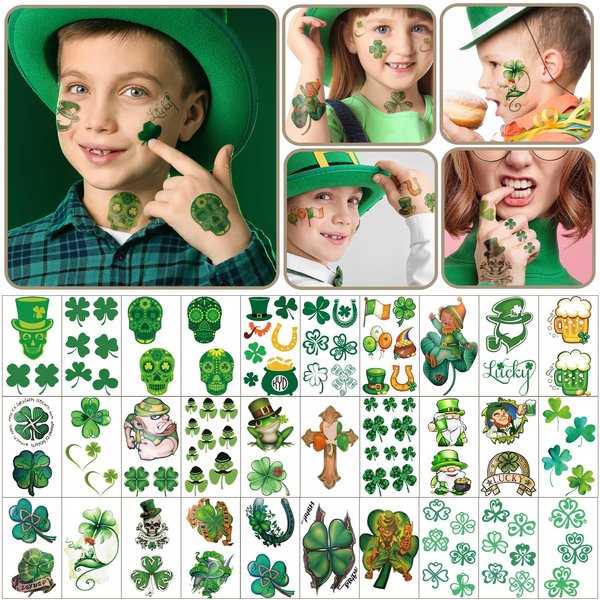 SOOVSY 70 Sheets St. Patrick's Day Temporary Tattoos for Aldult, Clover Fake Tattoos Face Body Tattoos Stickers for St. Patrick's Day Party favors Supplies Apparel Accessories for Men Women Kids
