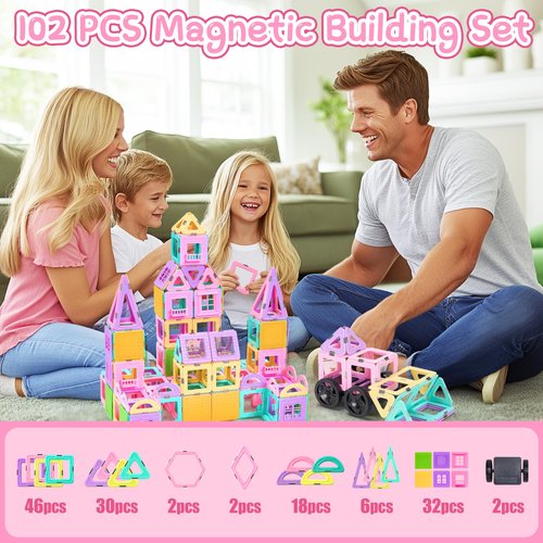 102 PCS Magnetic Tiles Set, Magnet Building Blocks Set with Car for Kids Ages 3+, STEM Educational Montessori Learning Construction Toys for 3 4 5 6 7 8 + Year Old Toddlers Boys Girls Birthday Gifts