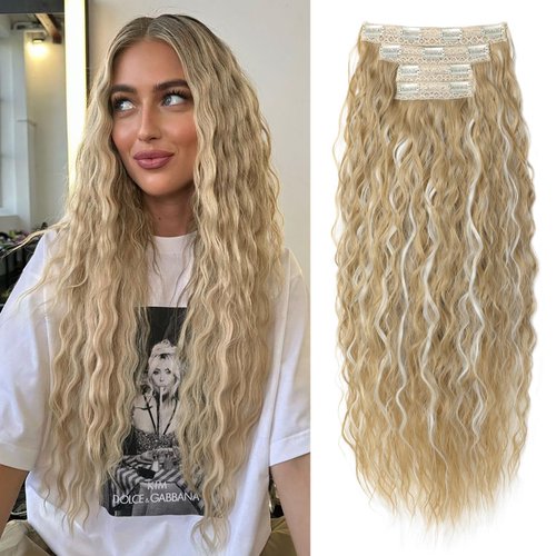 REECHO 28” Hair Extensions, 4PCS Clip in Hair Extensions Super Thick Long Loose Waves hair extensions Invisible Lace Weft Natural Soft Hairpieces for Women – Ash Blonde with Highlights