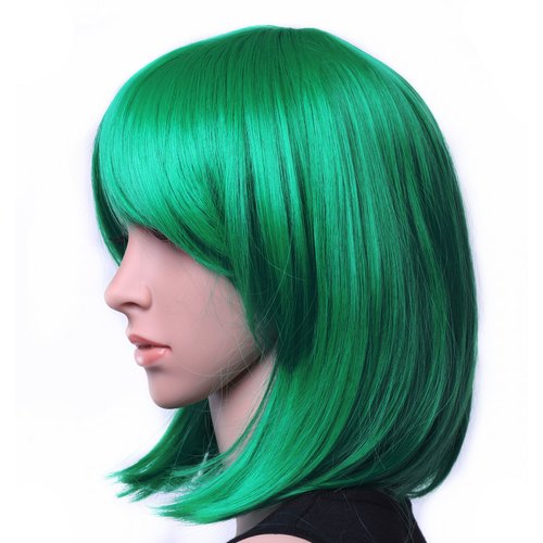 SWACC 11” Women Short Straight Synthetic Bob Wig Candy color Cosplay Wig Anime Costume hairpiece for Party with Wig Cap (Green-04)