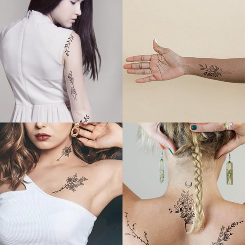 Medium Black Flower Temporary Tattoos - Realistic Long Lasting Waterproof Tattoos - Floral Bouquet Wild Plants and Branch Tattoos for Women and Men