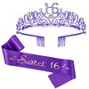 Semato Sweet 16 Party Decorations Set - Purple 16th Birthday Crown and Sweet 16 Sash Glitter Kit for Girls Birthday Happy Birthday Girl Tiara Birthday Party Supplies and Favors