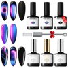 Modelones Cat Eye Gel Nail Polish- 6 Pcs 3 Colors 9D Magnet Black Blue Purple Glitter Holographic Gel Polish Set with Matte & Glossy Top Base Coat Soak Off LED Gel Kit Nail Art Manicure DIY Salon Home