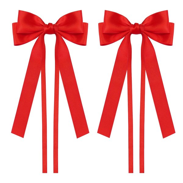 2PCS Silky Satin Hair Bows Ribbon Hair Clips, Satin Bow Hair Clip With Long Tail Ribbon Bowknot Hair Barrettes, Ponytail Holder Hair Accessories Alligator Clips Hair for Women Girls (Red)