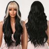 Allbell Long Wavy Black Wigs for Women With Blonde Bangs Golden Front Highlight Hair Cosplay Wig Heat Resistant Fiber Daily Use Party Cosplay
