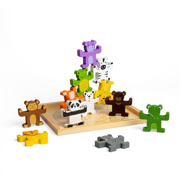 Bigjigs Toys Wild Animal Stacker - 12 Animal Wooden Stacking Toys, Premium Quality Animal Toys for 1 2 3 Year Old Boys and Girls, Baby Gift for 12 Months +