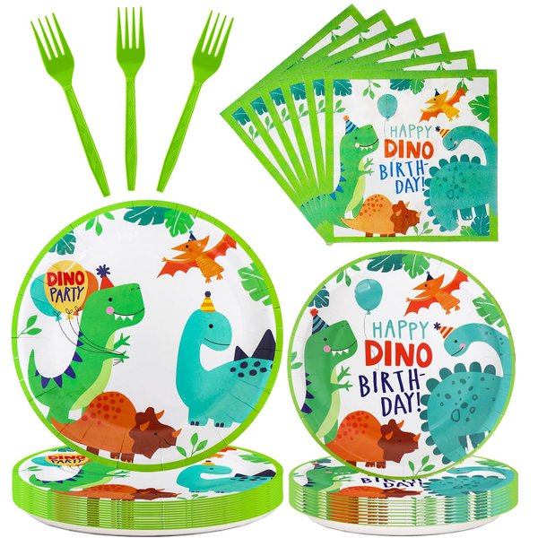 96 Pcs Dinosaur Party Supplies, Dinosaur Theme Birthday Party Decoration Includes Plates Napkins Forks, Dino Tableware Set for Boys Kids Birthday, Serves 24 Guests