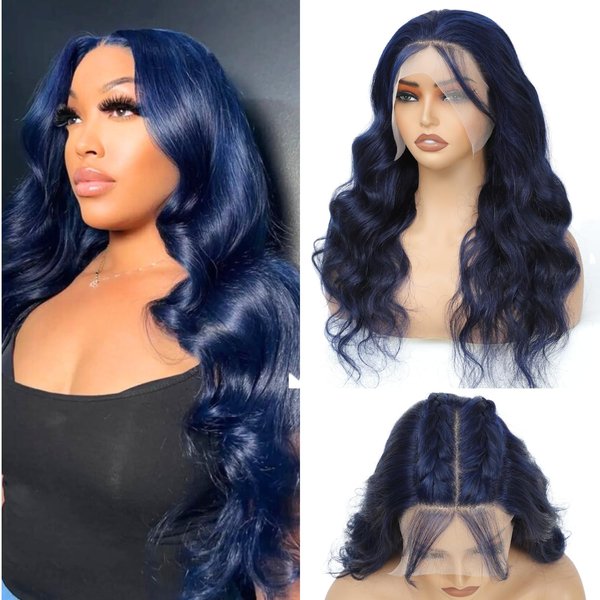 Syrenlore Dark Blue Colored 13x6 Lace Front Wigs Human Hair Body Wave 200 Density 18 Inch Long 13x6 Ear to Ear Pre Plucked Bleached Knots Lace Frontal Wig 12A Brazilian 100% Human Hair Wigs for Women