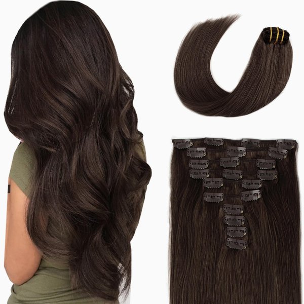 SixStarHair Clip In Hair Extensions Dark Brown 20inch 180g Remy Human Hair Extensions Clip On Weft Silky Straight Full Clip Hair Extensions [Color 2 Dark Brown 20inch]