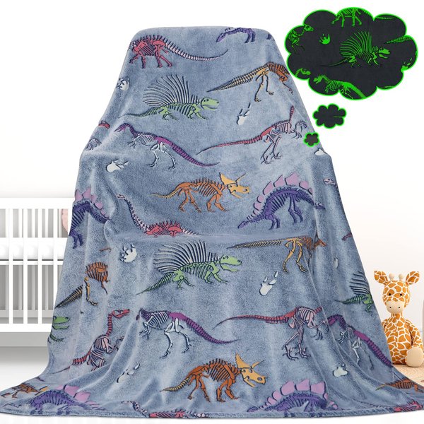 Glow in The Dark Blanket Dinosaur Blanket for Boys Girls Kids Cute Dino Throw Blankets for Couch, Kids Fleece Blankets, Soft Warm Plush Dinosaur Toddler Blanket Luminous