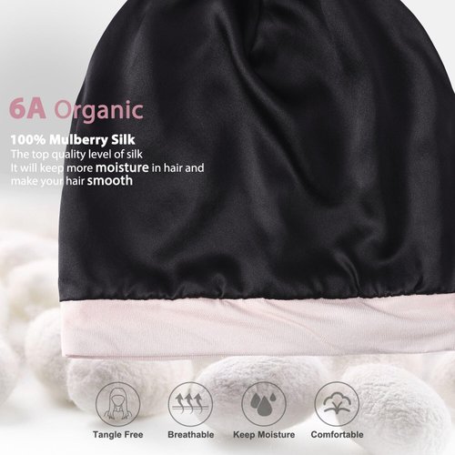 Hat Hut 100% Mulberry Silk Lined Sleep Cap Pure Silk Bonnet for Curly Hair Wrap Bonnet for Sleeping Silk Lined Slouchy Beanie (Pink)