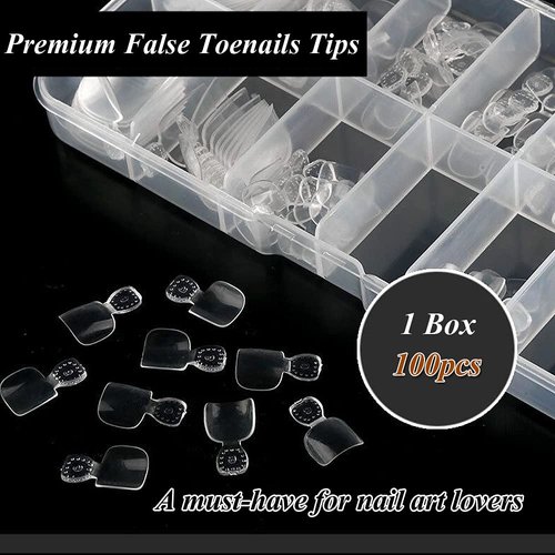 Acrylic False Toenails Full Cover, 100pcs Artificial French Toenail 10 Sizes with Box, Fake Toenail Tips for Nail Salons and DIY Nail Art Foot Decoration (100 pcs clear)