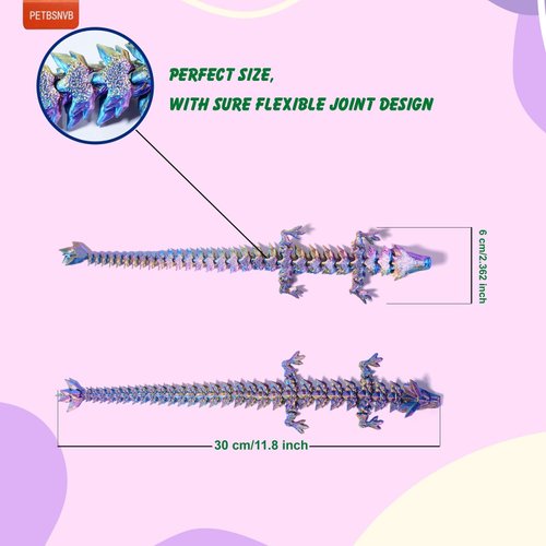 PETBSNVB Three Color 12" 3D Printed Dragon, Articulated Dragon, Crystal Dragon, Dragon Fidget toy, Home Office Decor Executive Desk Toy (Purple Head)