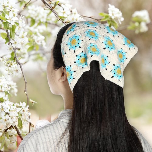 VOCOSTE 2pcs Crochet Bandanas,Crochet Head Scarf, Crochet Headbands Hairbands Hair Scarf for Women Girls, Knitted Head Kerchief for Hair Styling Decor, White,Blue