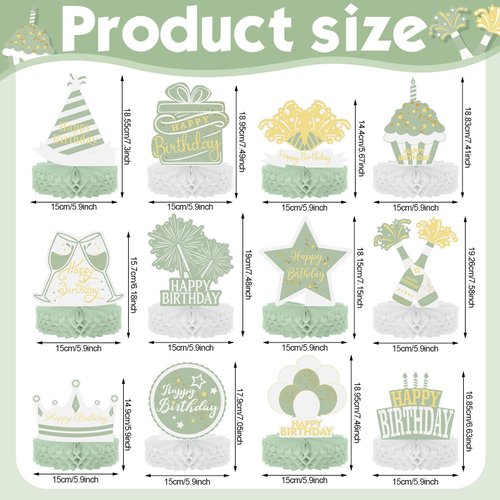 Sabary 12 Pcs Sage Green Gold Happy Birthday Decoration Gold Honeycomb Centerpieces Party Supplies Balloon Crown Paper Centerpiece Table Decorations Royal Table Centerpieces for Men Women Party