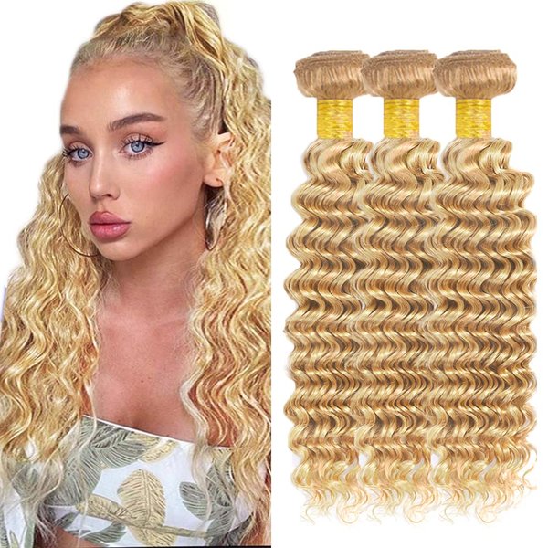Blonde Bundles #613 Deep Wave Bundles 27/613 Human Hair Bundles Blonde Wet and Wavy Bundles 12 14 16 inch Blonde Mixed With Honey Blonde Bundle