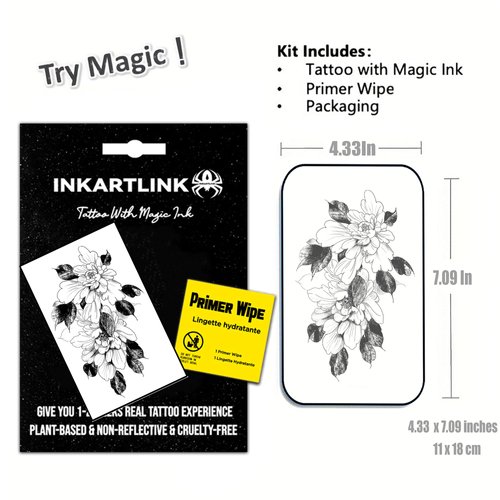 INKARTLINK Temporary Tattoos, Semi Permanent Tattoo Adult Art Design Waterproof Temp Tattoo Party Favors Tattoo Stickers Realistic Look, No Adhesive, Lasts 1-2 Weeks Black (Art Flower)