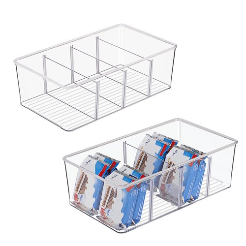 Vtopmart 2 Pack Food Storage Organizer Bins, Clear Plastic Storage Bins for Pantry, Kitchen, Fridge, Cabinet Organization and Storage, 2 Compartment Holder for Packets, Snacks, Pouches, Spice Packets