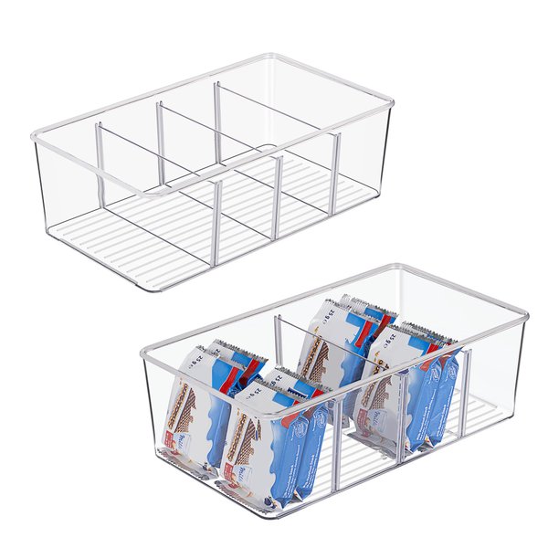 Vtopmart 2 Pack Food Storage Organizer Bins, Clear Plastic Storage Bins for Pantry, Kitchen, Fridge, Cabinet Organization and Storage, 2 Compartment Holder for Packets, Snacks, Pouches, Spice Packets