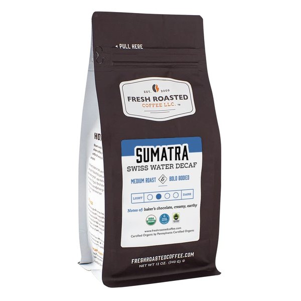 Fresh Roasted Coffee,100% Organic Sumatra Water Decaf | 12 oz | Single Origin | Medium Roast | RFA Kosher | Whole Bean