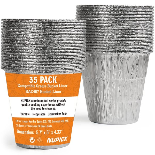NUPICK 35 Pack BAC407 Grease Bucket Liner Compatible for Traeger Pro Series 575/780, 22/34 Series, Ironwood 650/885 Grills, Grill Accessories for Traeger, 4.9" x 4.5"