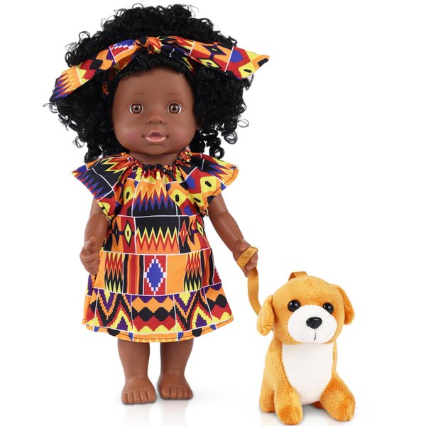 GAGAKU Black Baby Doll,13 inch Black Baby Dolls for 3 4 5 6 Years Old Girls with Curly Hair, Plush Pet DogToy,Small Baby Dolls for Toddlers Kids and Girls Holiday Birthday Chirstmas