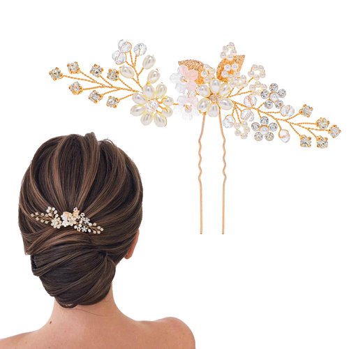 Foryysa Bridal Wedding Hair Pins for Women Rose Gold Rhinestone Pearl Vine Headpiece Elegant Flower Leave Handmade Headwear Sparkly Design