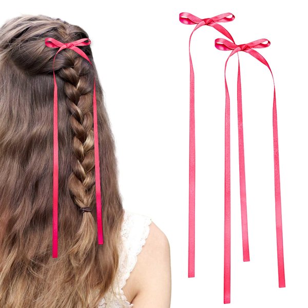 Bow Hair Clips,2 PCS Hot Pink Hair Bows Tassel Hair Ribbons,Long Hair Bow Satin Hair Clip Ribbon Accessories for Women Valentine's Day (Hot Pink)