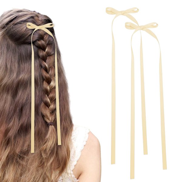 Bow Hair Clips,2 PCS Yellow Hair Bows Tassel Hair Ribbons,Long Hair Bow Satin Hair Clip Ribbon Accessories for Women (Yellow)