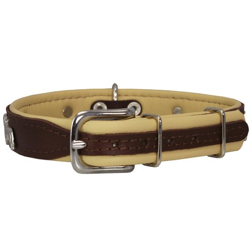 Dogs My Love Real Leather Soft Leather Padded Dog Collar Dachshund (10.5"-12" Neck; 3/4" Wide, Brown/Beige)