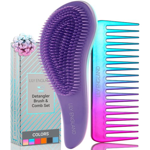 Lily England Detangler Brush & Hair Comb Set - Lightweight Hair Brush & Wide Tooth Comb for Women & Kids - Smooth Detangling Brush & Comb for Curly Hair, Straight, Dry, Fine, & Thick Hair, Purple