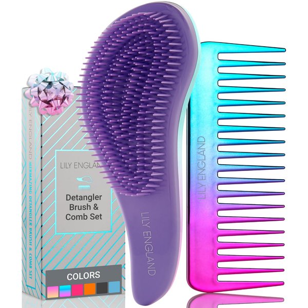 Lily England Detangler Brush & Hair Comb Set - Lightweight Hair Brush & Wide Tooth Comb for Women & Kids - Smooth Detangling Brush & Comb for Curly Hair, Straight, Dry, Fine, & Thick Hair, Purple
