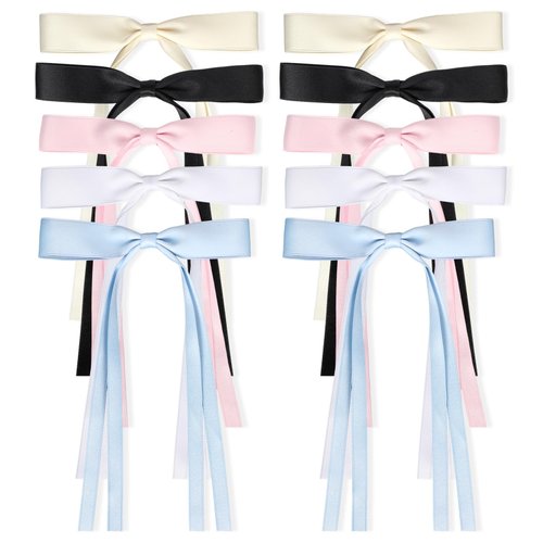 10pcs Hair Clips,Ribbon Bow Hair Ties with Tassel for Girl Women Long Tail bow Solid Satin Bowknot Hair Clips Metal Clips Barrettes for Teen Hair Accessories Black White Beige Blue Pink