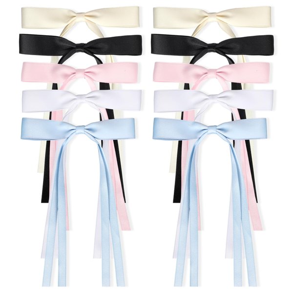 10pcs Hair Clips,Ribbon Bow Hair Ties with Tassel for Girl Women Long Tail bow Solid Satin Bowknot Hair Clips Metal Clips Barrettes for Teen Hair Accessories Black White Beige Blue Pink