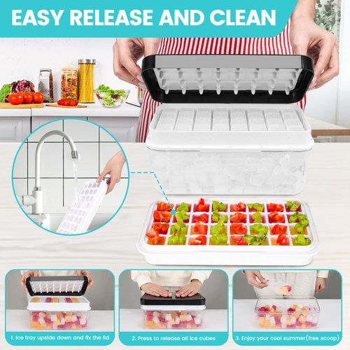 Ice Trays for Freezer with Lid & Bin, Ice Cube Tray Making 64 pcs Ice Cubes, Easy Press to Release Ice, Ice Tray with Storage Bin Chilling Cocktail Whiskey Coffee 2 Trays 1 Ice Bucket & Scoop (Black)