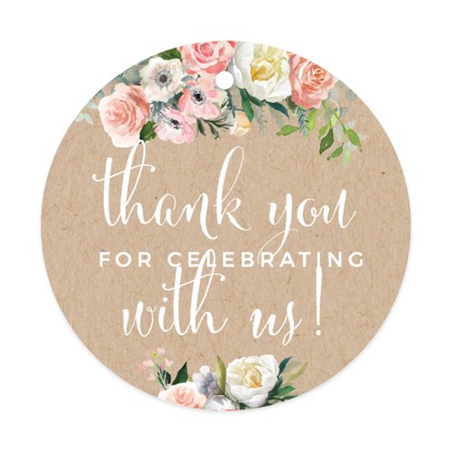 Andaz Press Peach Coral Kraft Brown Rustic Floral Garden Party Wedding Collection, Round Circle Gift Tags, Thank You for Celebrating with US, 24-Pack