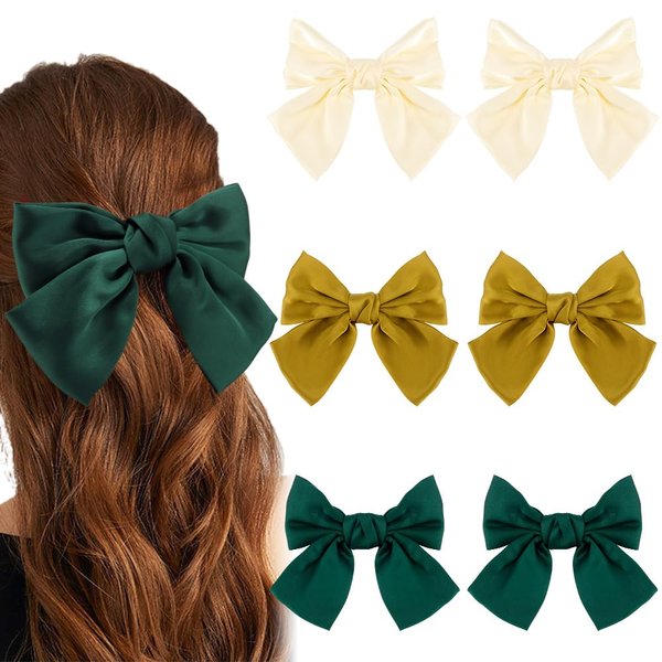 Ahoney 6 Pack Satin Hair Bow Hair Clips for Women Girls, 6" Bowknot Hair Ribbons for Hair Ponytail Cute Hair Clips Bow for Hair Accessories Barrettes for Women（Green)