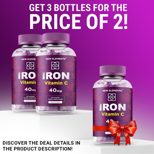 Iron Supplement for Women & Men with Vitamin C, Iron Gummies for Adults 40mg Iron and 100mg Vitamin C, Free Blood Builder for Anemia, Natural Grape Flavor, 30 Day Supply