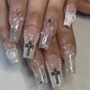 BABALAL Coffin Press on Nails Long Fake Nails White French Glue on Nails 3d Cross Pearl Heart Acrylic Nails 24Pcs Ballerina Y2k Manicure Artificial False Nails for Women and Girls