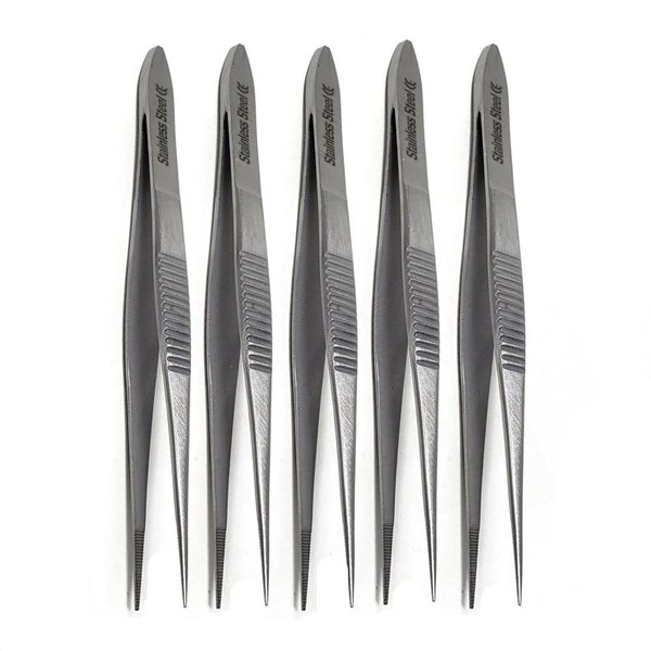 Professional Stainless Steel Set of 5 Tweezers 3.5" with Fine Serrated Precision Straight Tips for Facial Hair, Splinter and Ingrown Hair Removal Used by Women & Men