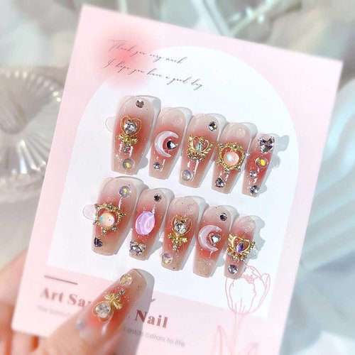 RikView Long Press on Nails Pink Fake Nails with 3D Design Coffin Nails Glossy Full Cover Nails for Women 24 PCs/Set