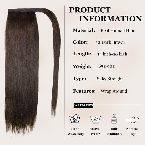 JIAMEISI Ponytail Extension Human Hair Wrap Around Clip in Hair Piece Ponytail Extension Human Hair Straight Ponytail Hair Extensions with Magic Paste 90G 20 Inch #2 Darkest Brown